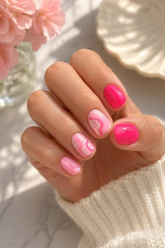 Hot Pink Swirl Accent Nails for a Playful Summer Look