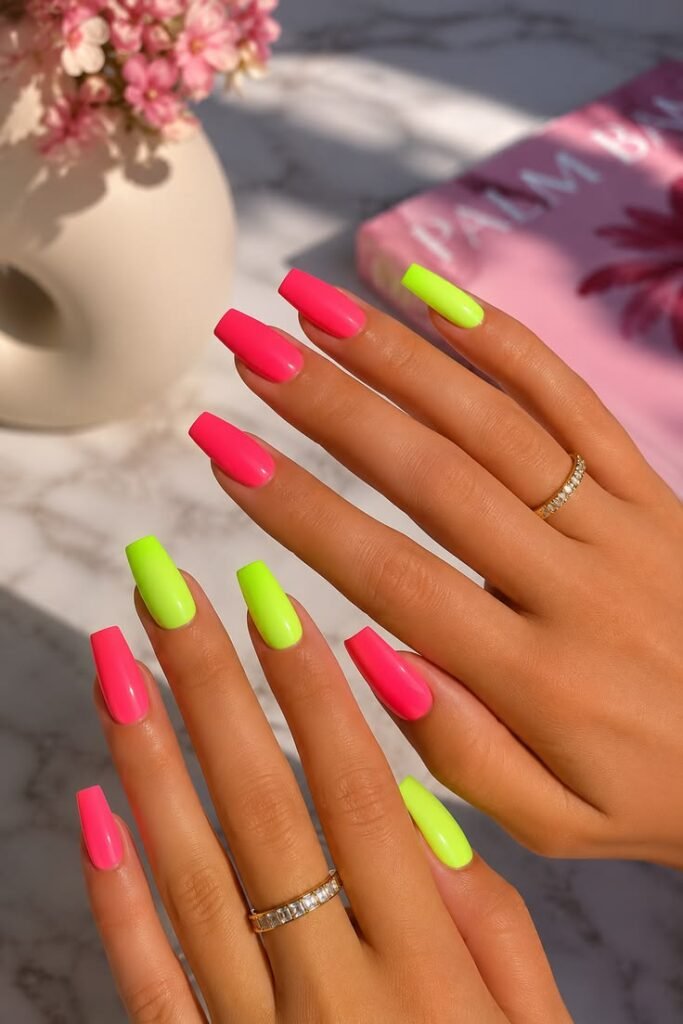 Hot Pink and Lime Green Color Block Nails