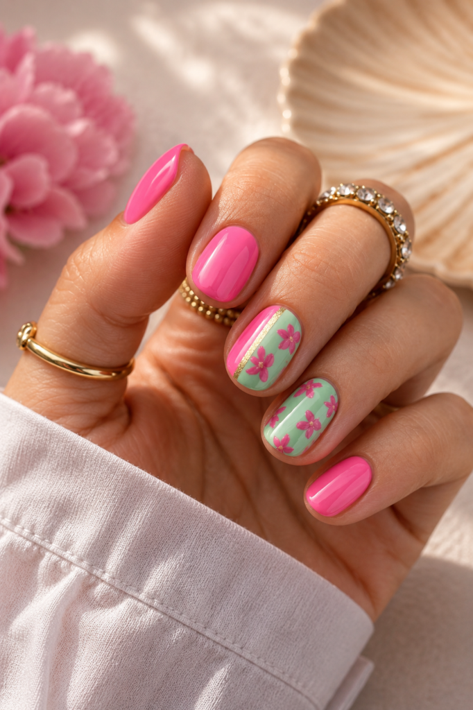 Hot Pink and Mint Green Floral Nails