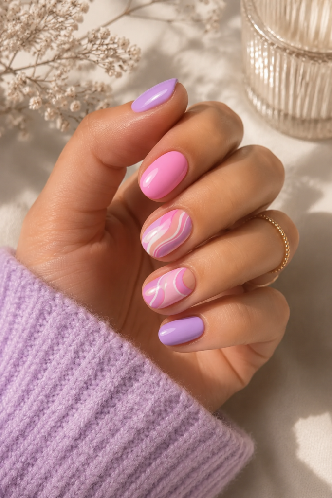 Lilac and Pink Swirl Short Nails