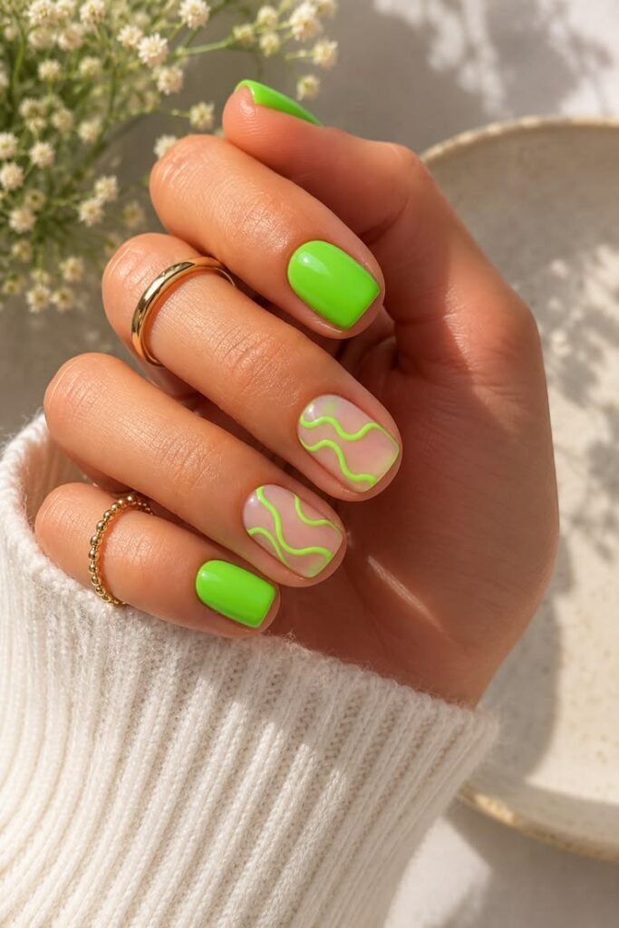 Lime Green Wave Short Gel Nails