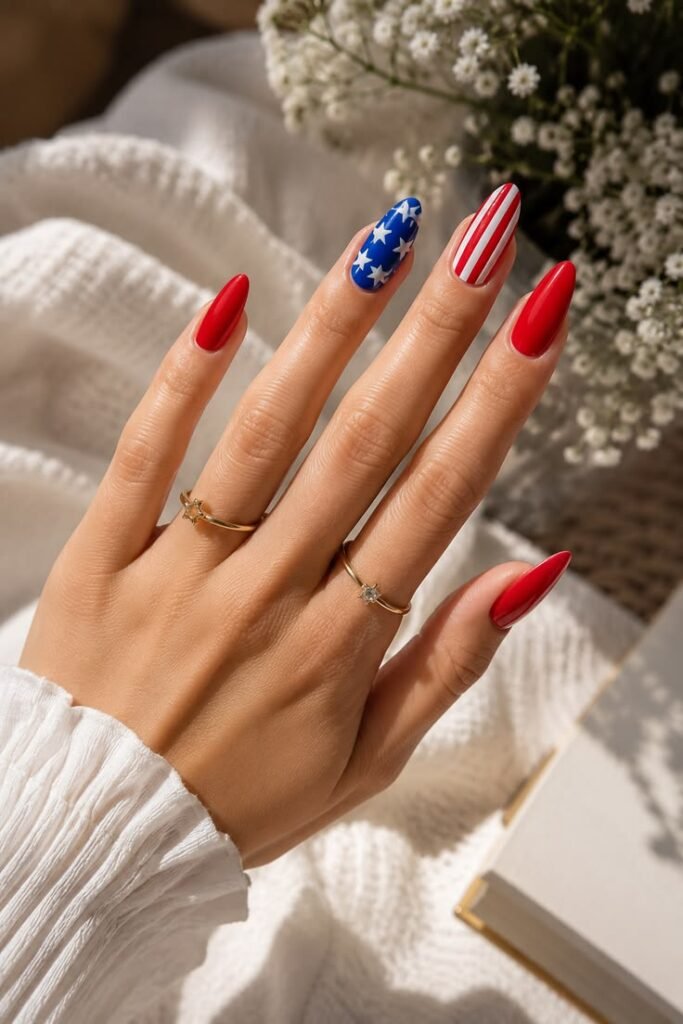 Long Red Almond Nails With Flag Accent Details