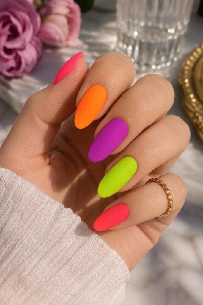 Matte Rainbow Neon Skittle Nails