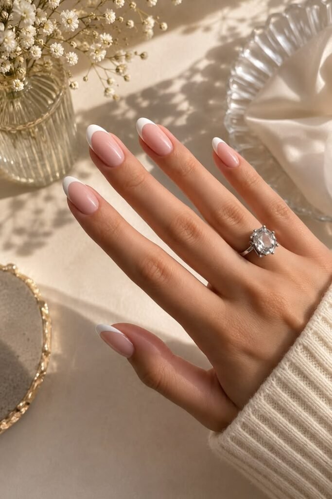 Milky Pink French Almond Nails With Timeless Summer Elegance