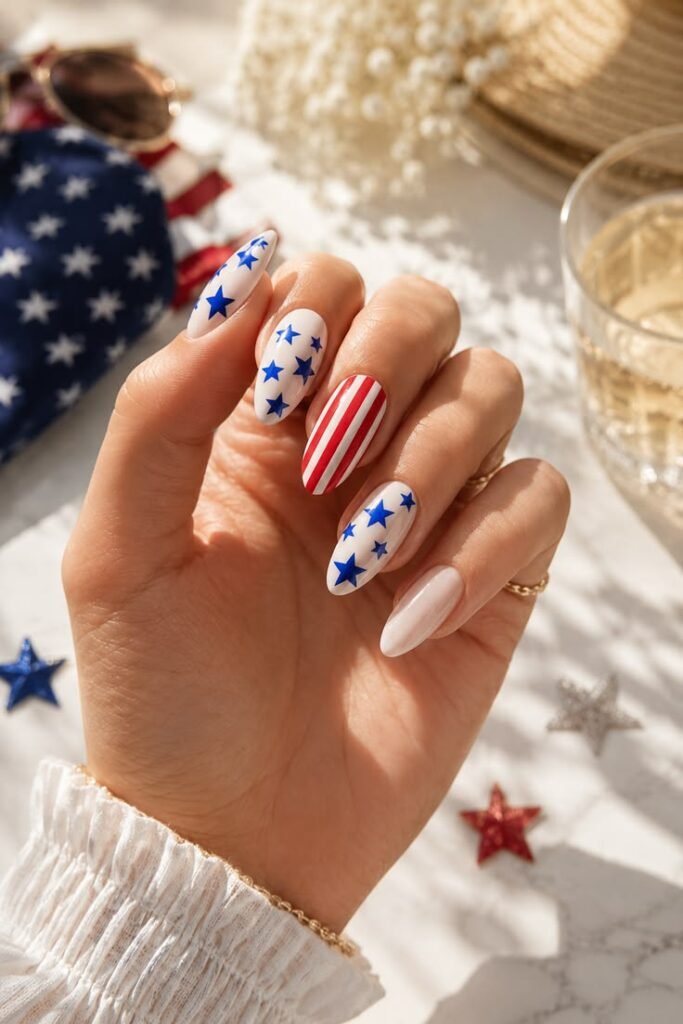 Milky White Nails With Cobalt Stars and Stripes