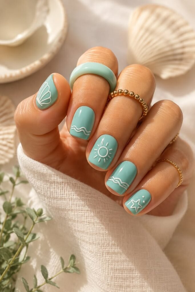 Mint Green Beach Doodle Short Gel Nails