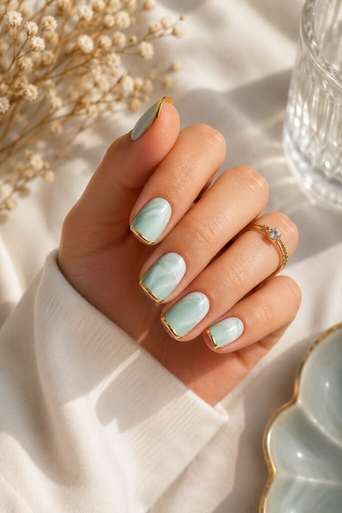 Mint Green Nails with Gold French Tips