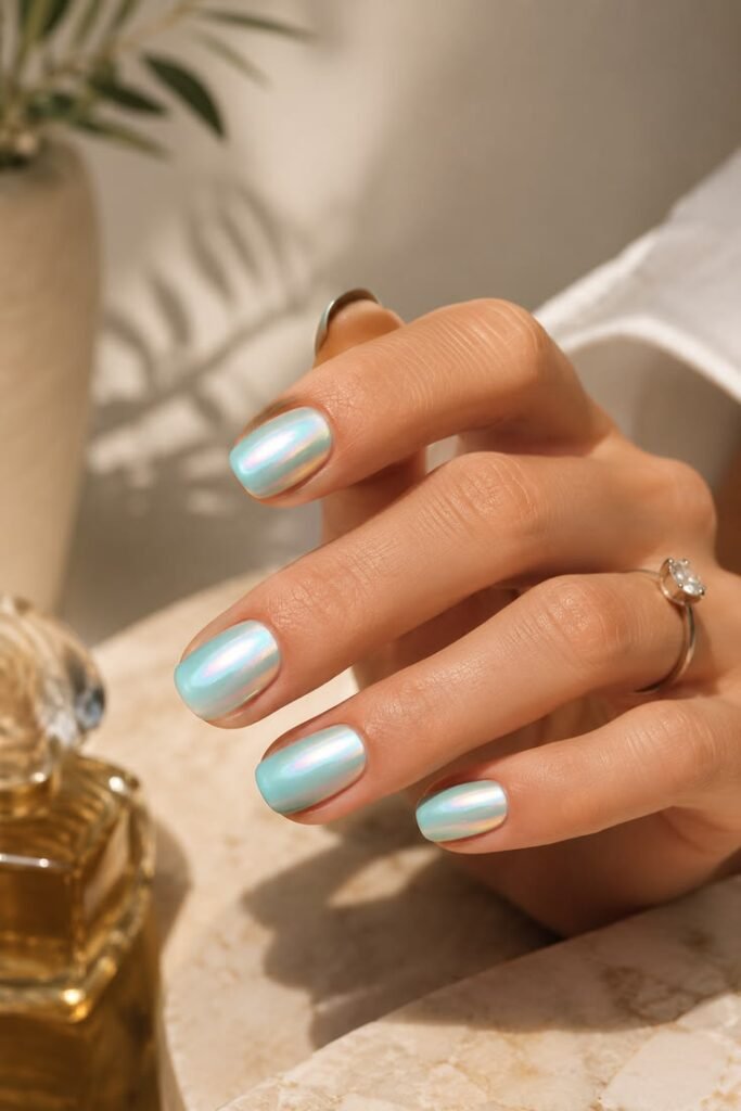 Mint Green Sea Glass Chrome Nails