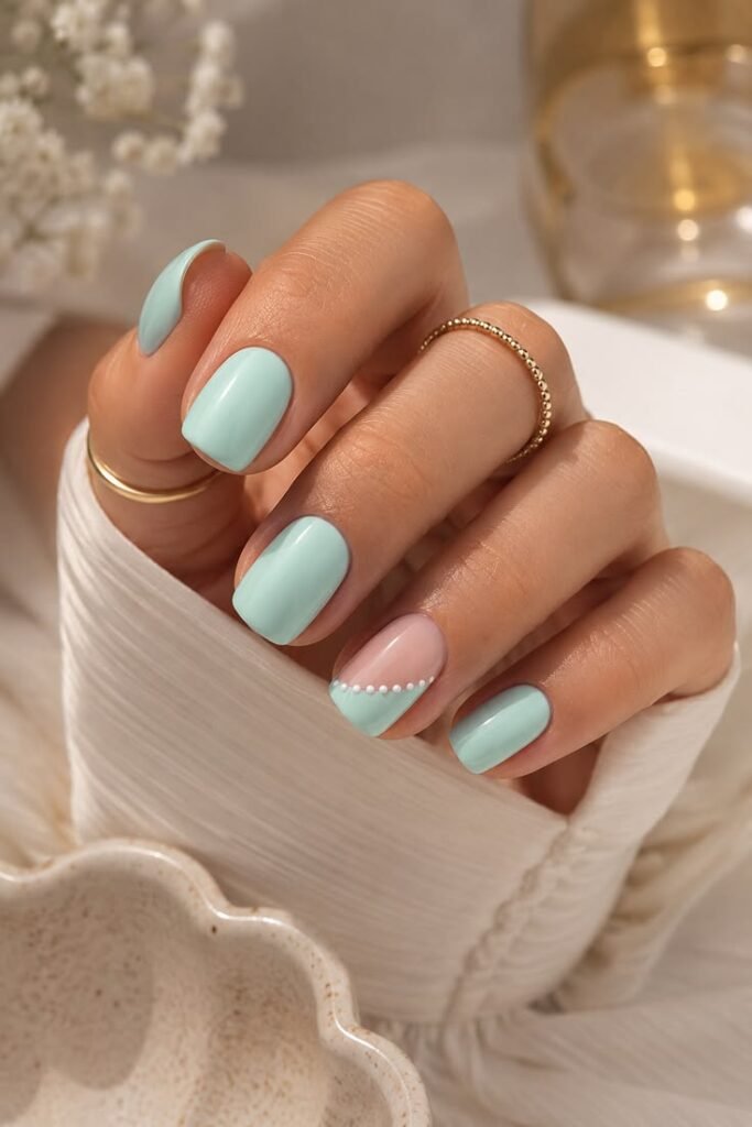 Mint Green Short Nails with Pearl Accent