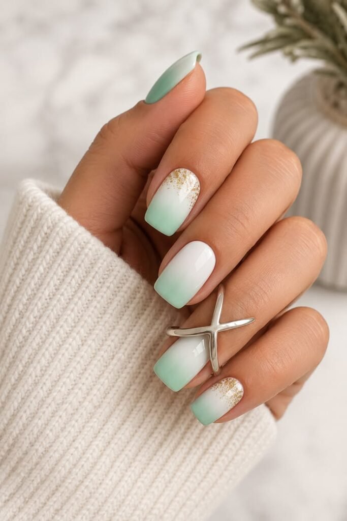 Mint Green and Milky White Ombré Nails