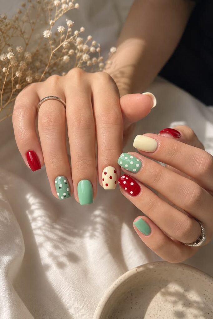 Mint and Cherry Mix Nails With Vintage Summer Charm