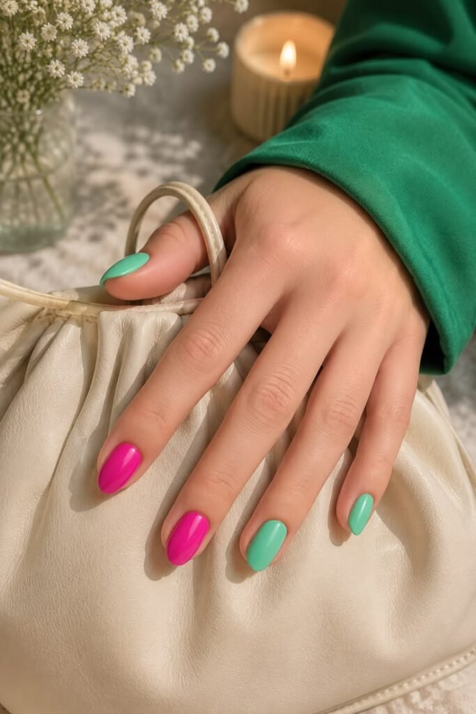Mint and Fuchsia Nails With Bold Summer Color-Block Style