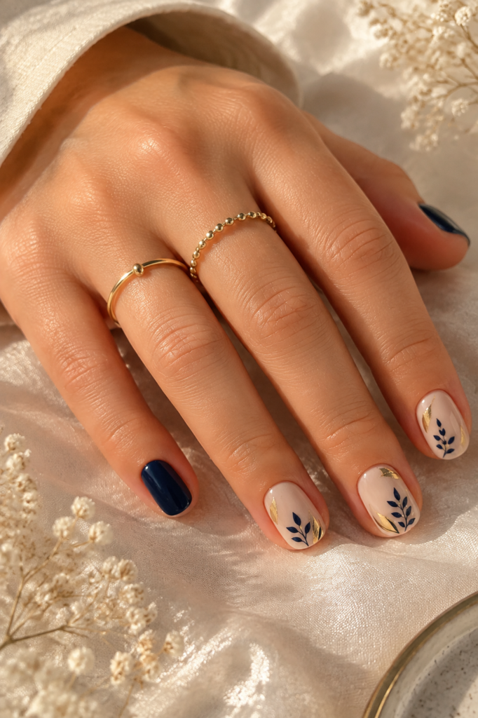 Navy Blue Botanical Short Gel Nails