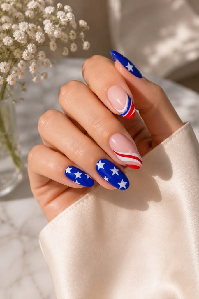Navy Stars With Red-and-White Swirl Accents