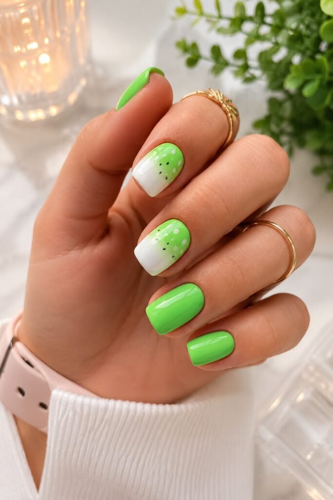 Neon Green and White Polka Dot Nails