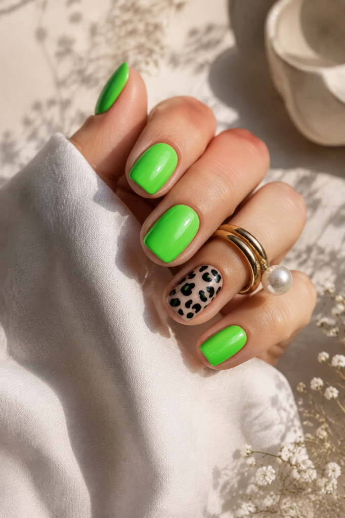 Neon Lime Green Cow Print Nails