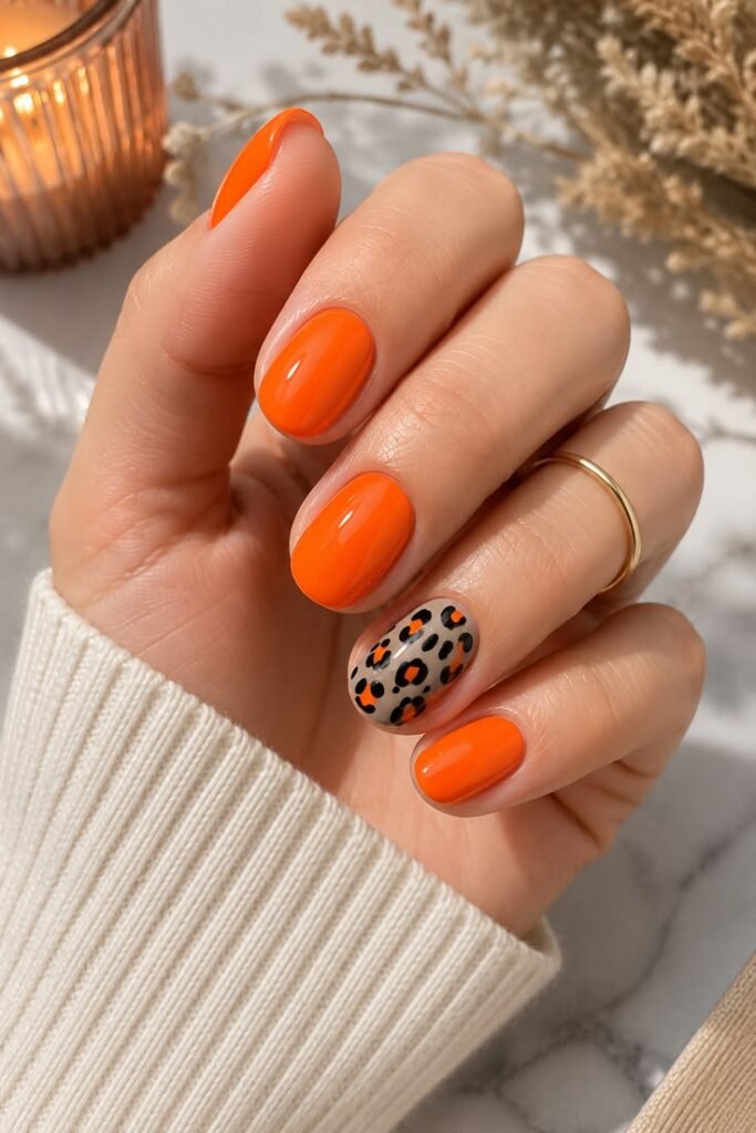 Neon Orange Leopard Accent Nails
