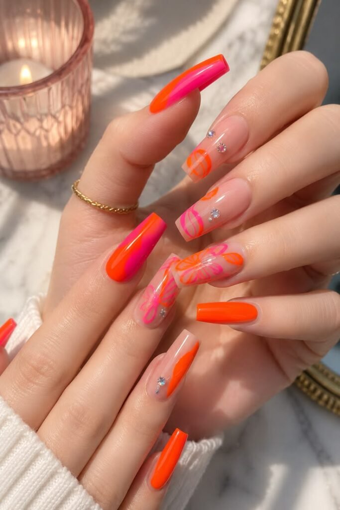 Neon Orange and Pink Butterfly Coffin Nails