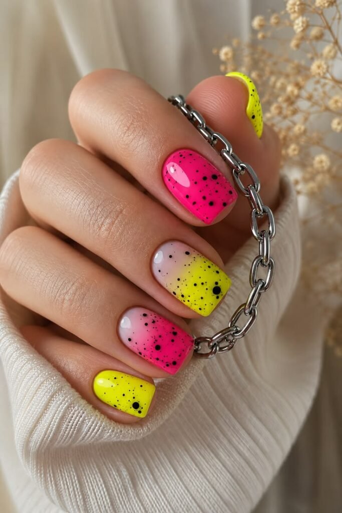 Neon Pink and Yellow Speckled Nails