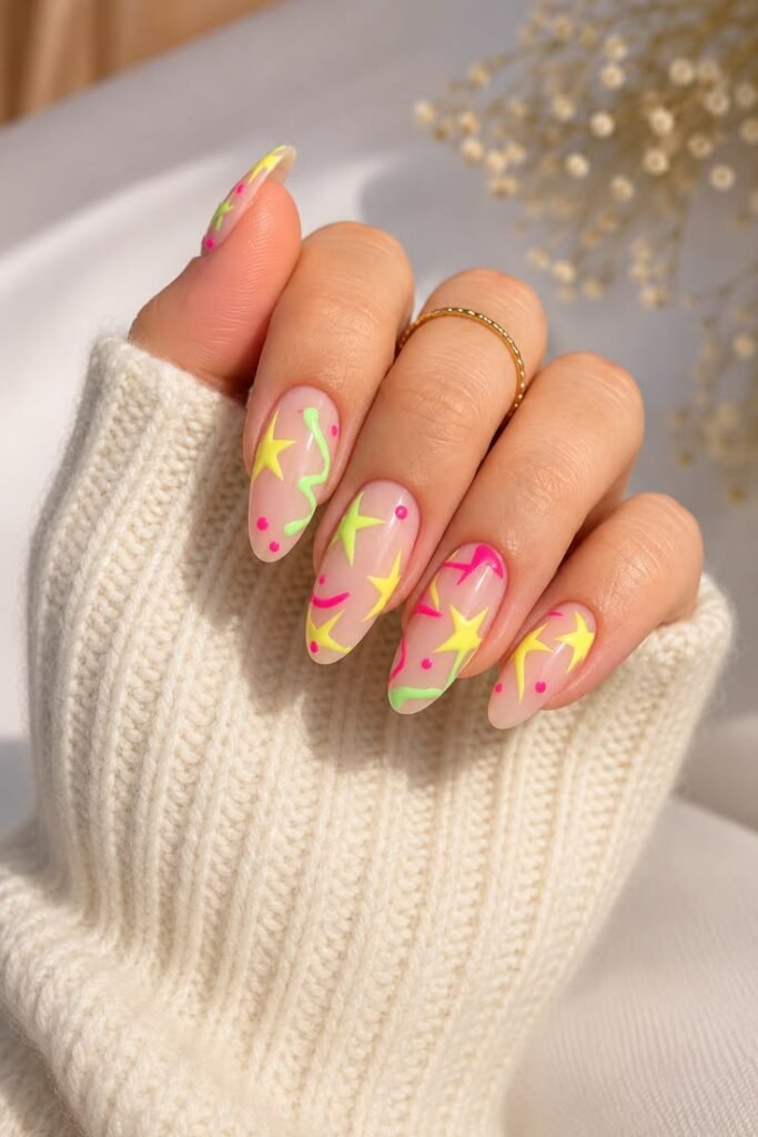 Neon Starburst Doodle Nails