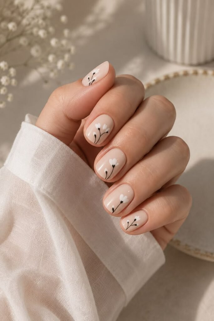 Nude Floral Doodle Short Nails