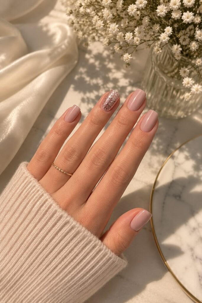 Nude Glitter Accent Nails With Elegant Summer Sparkle
