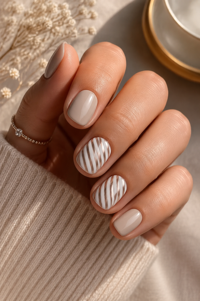Nude and Rose Gold Stripe Nails