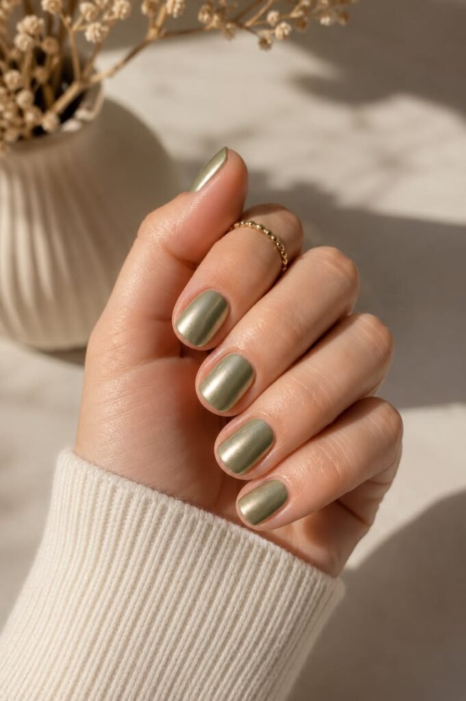 Olive Gold Chrome Short Gel Nails