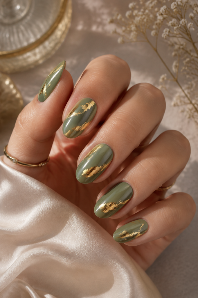Olive Green and Gold Foil Summer Nails