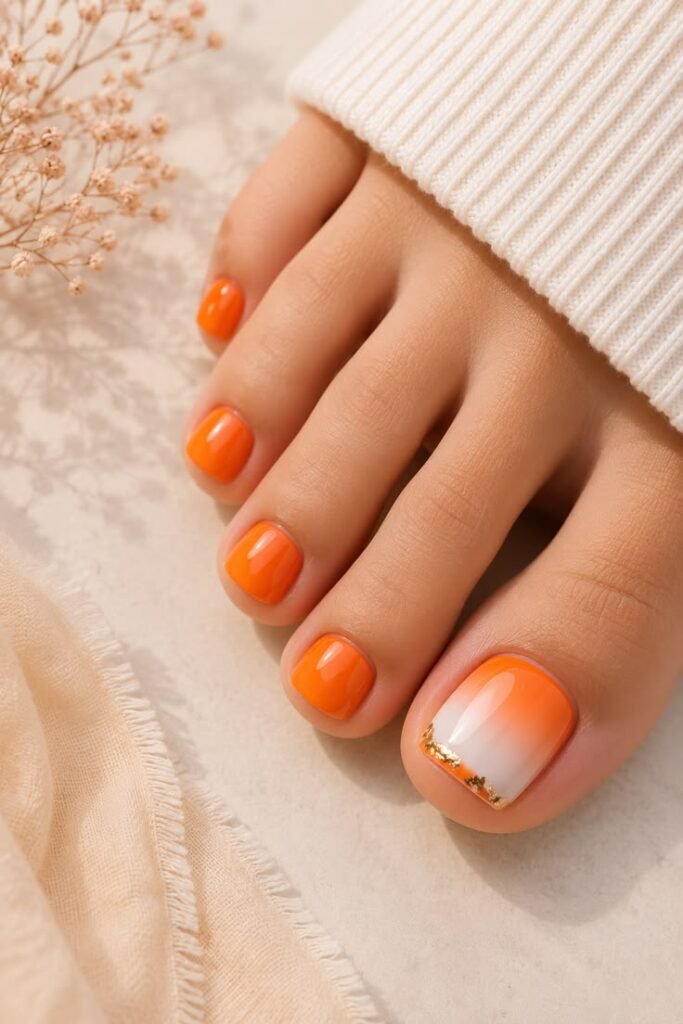 Orange Ombre Toes With Gold Foil
