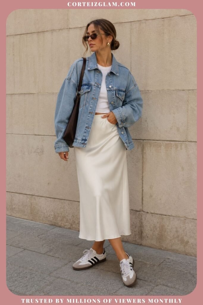 Oversized Denim Jacket With a Midi Skirt