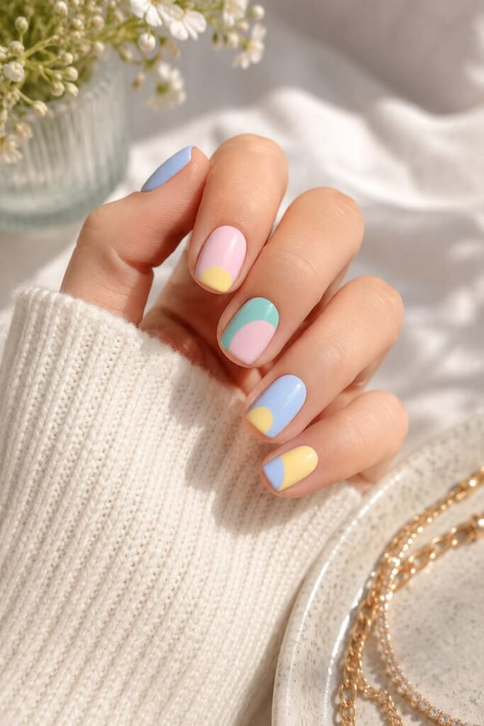 Pastel Color Block Short Gel Nails