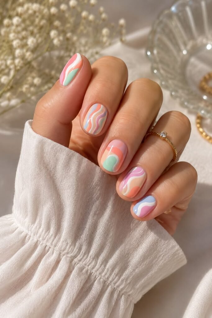 Pastel Multi-Color Swirl Short Nails