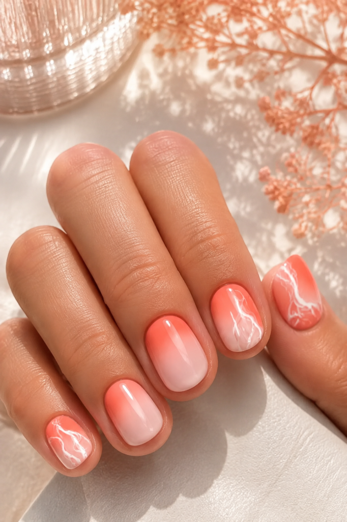 Peach Ombré Marble Short Gel Nails