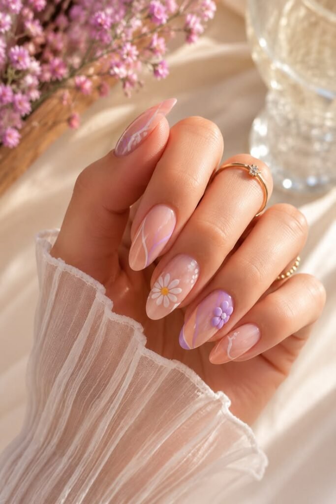 Peach and Lavender Whisper Daisy Summer Nails