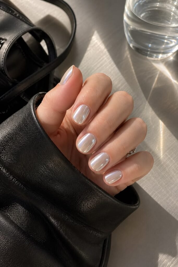 Pearl Chrome Short Nails for a Futuristic Summer Glow