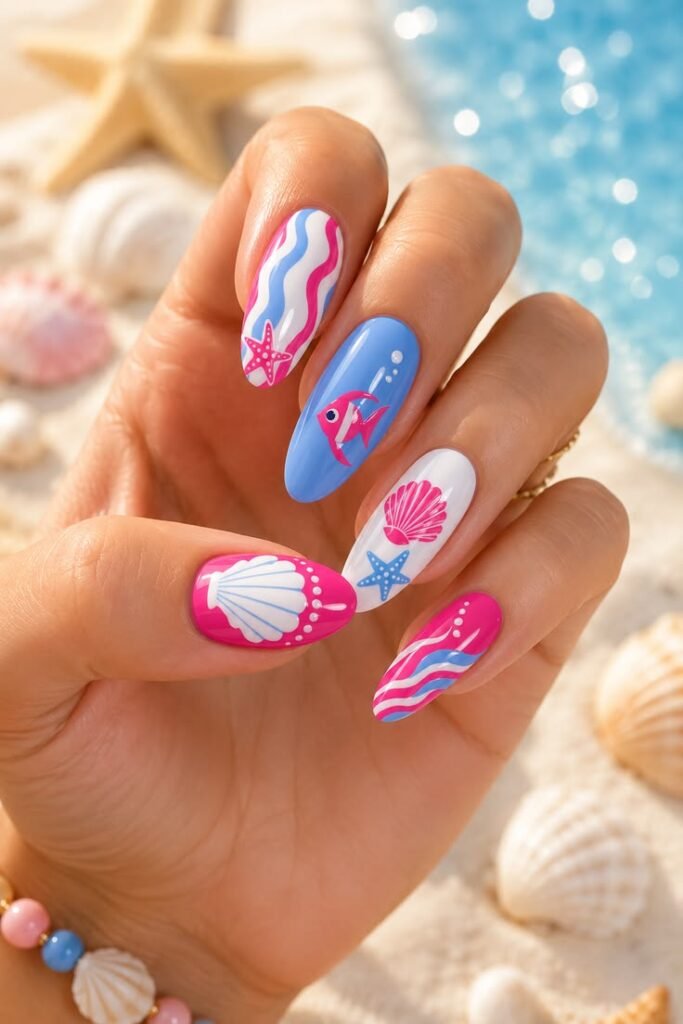 Pink Coral Seashell Funky Summer Nails