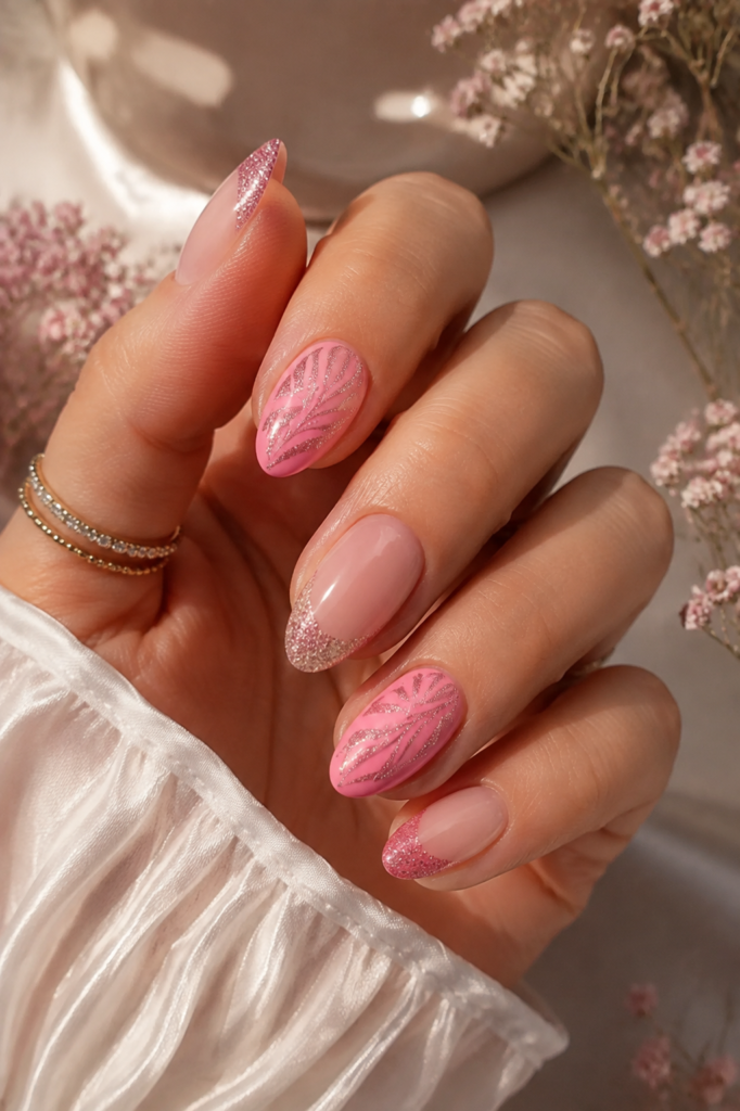 Pink Glitter Butterfly Wing Nails