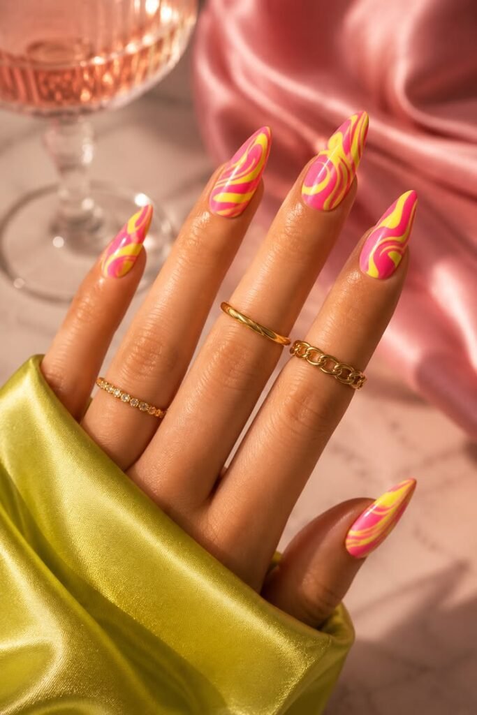 Pink and Lemon Swirl Nails