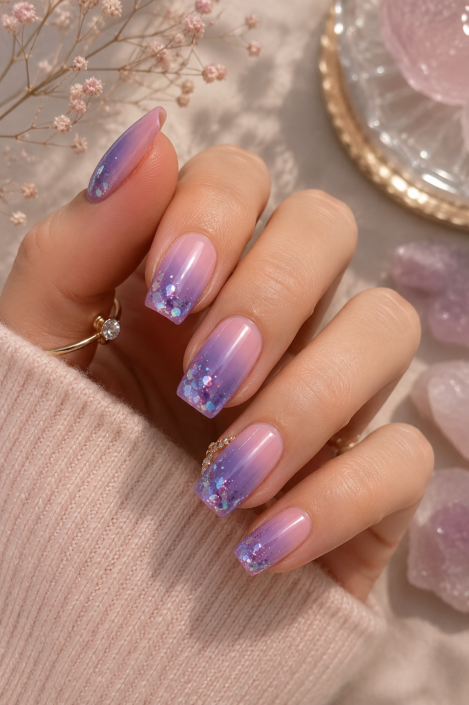 Pink and Purple Glitter Ombre Nails