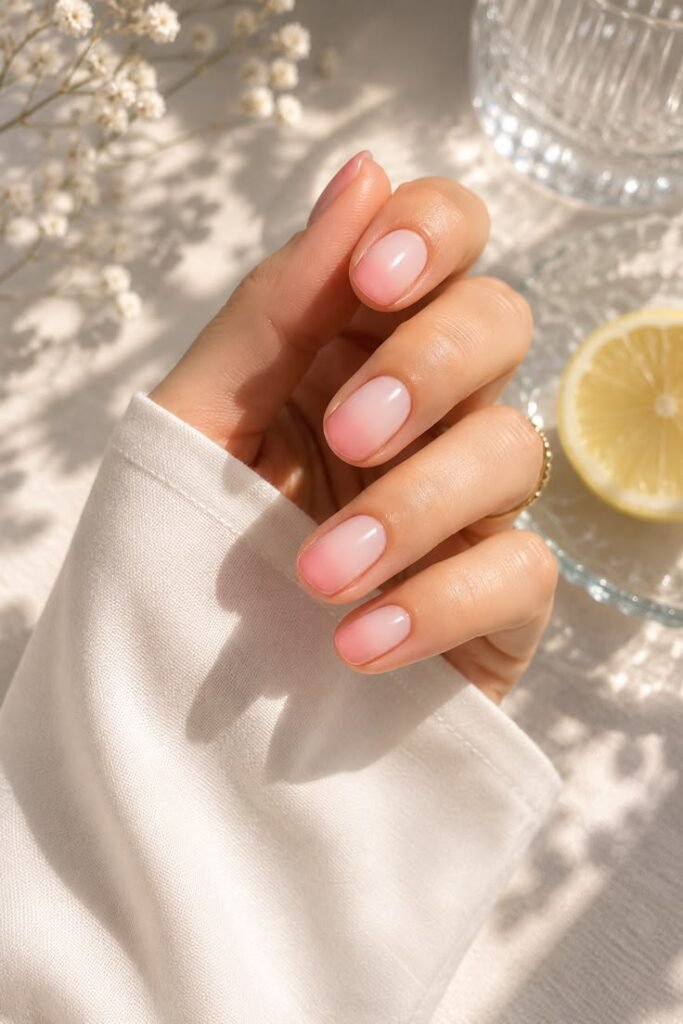 Pink-to-White Ombré Short Nails for a Soft Summer Glow