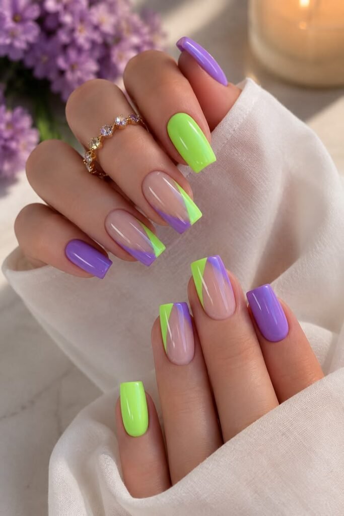 Purple and Lime Green Double French Nails