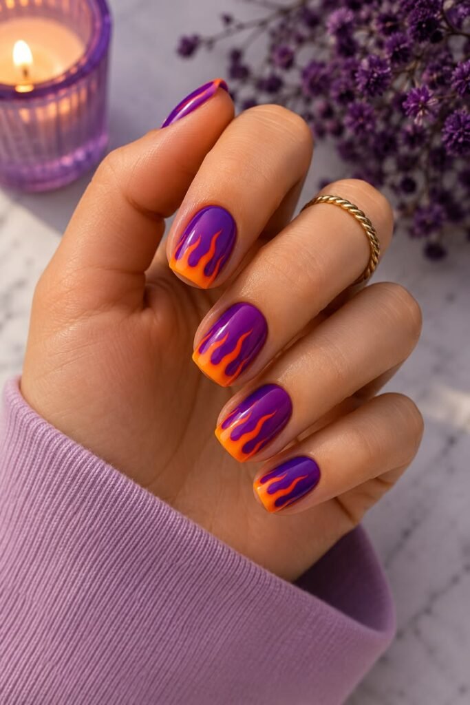 Purple and Orange Flame Neon Nails