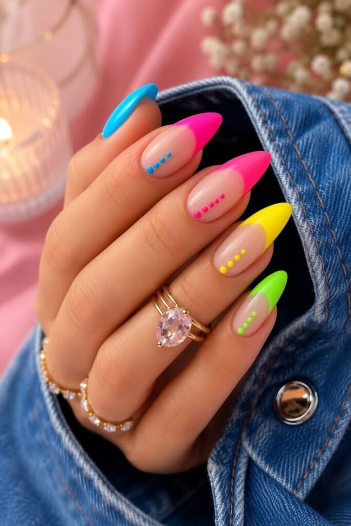 Rainbow Neon French Tips With Dots