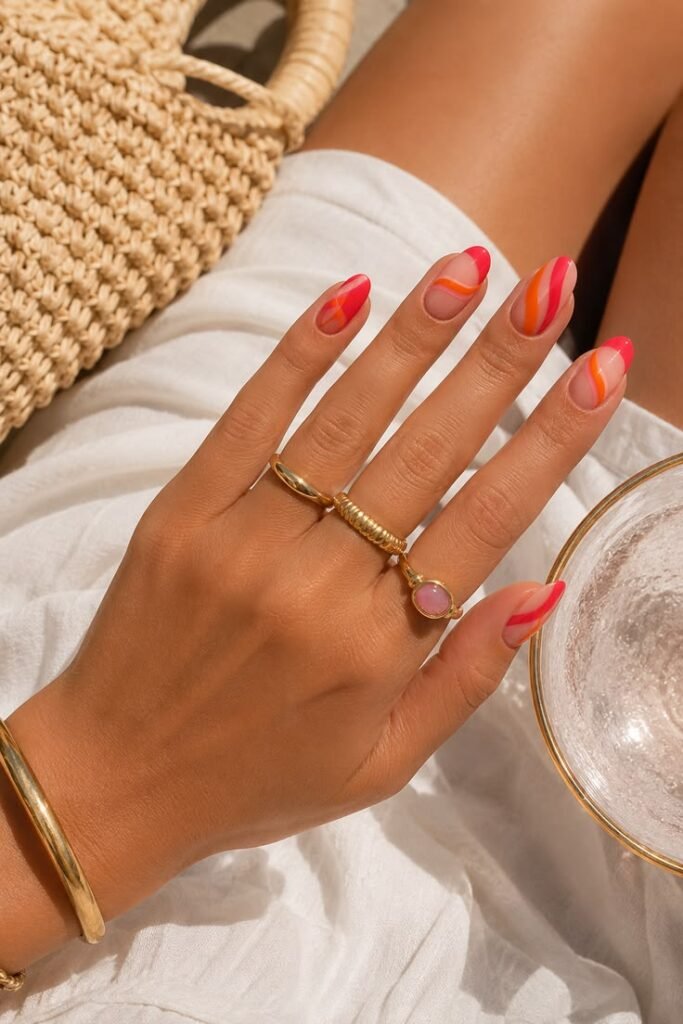 Red, Coral and Orange Swirl Nails