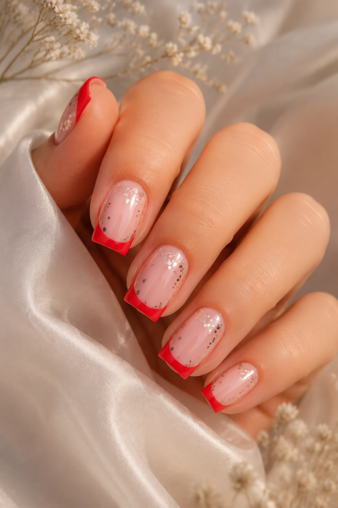 Red French Tips with Glitter Accents