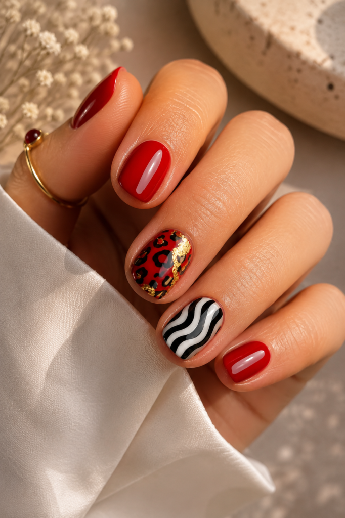 Red Leopard and Zebra Print Nails