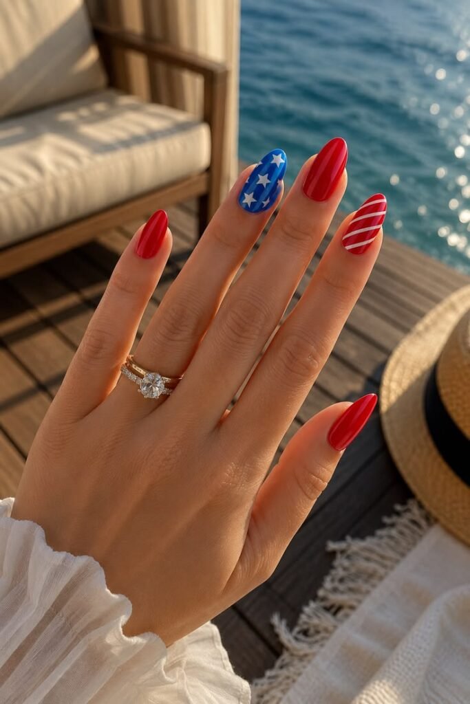 Red, Navy, and a Striped Accent Nail