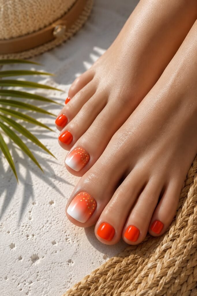 Red-Orange Gold Glitter August Toenails