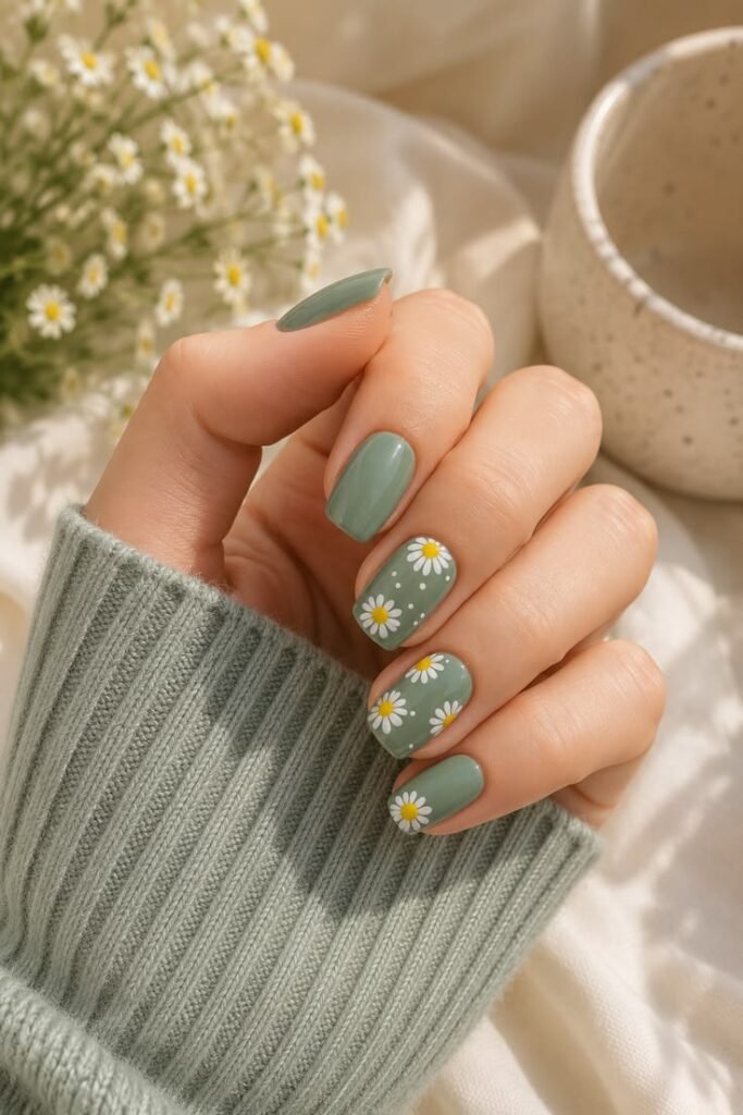 Sage Daisy Nails With Garden-Inspired Summer Charm